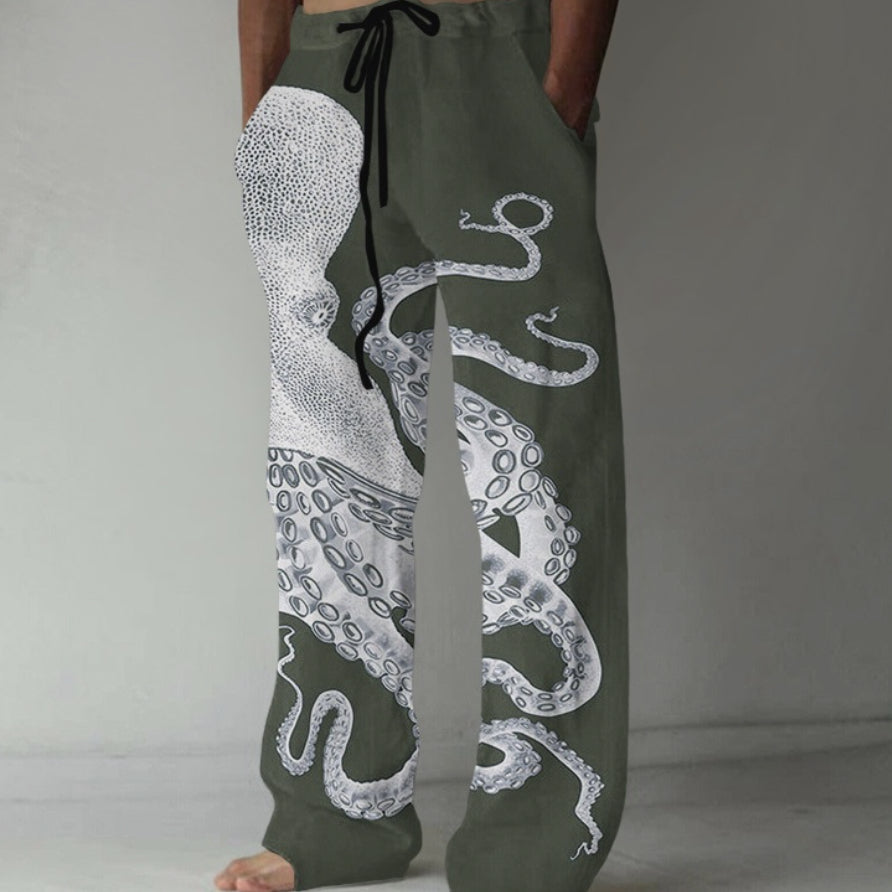 Men's Loose Casual Straight-leg 3D Printed High Waist Wide Leg Pants