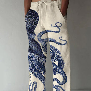 Men's Loose Casual Straight-leg 3D Printed High Waist Wide Leg Pants