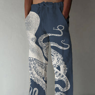Men's Loose Casual Straight-leg 3D Printed High Waist Wide Leg Pants